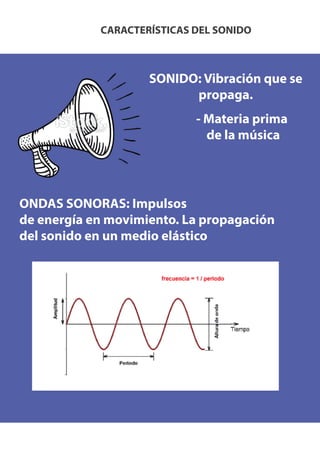 CARACTERÍSTICAS DEL SONIDO
ONDAS SONORAS: Impulsos
de energía en movimiento. La propagación
del sonido en un medio elástico
SONIDO: Vibración que se
propaga.
- Materia prima
de la música
 