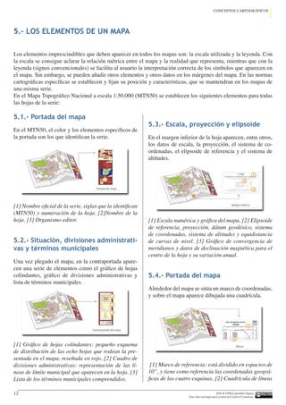 IGN  UPM-LatinGEO (Spain)
Esta obra está bajo una Licencia de Creative Commons.
12
CONCEPTOS CARTOGRÁFICOS
5.- LOS ELEMENTOS DE UN MAPA
5.1.- Portada del mapa
En el MTN50, el color y los elementos específicos de
la portada son los que identifican la serie.
[1] Nombre oficial de la serie, siglas que la identifican
(MTN50) y numeración de la hoja. [2]Nombre de la
hoja. [3] Organismo editor.
5.2.- Situación, divisiones administrati-
vas y términos municipales
Una vez plegado el mapa, en la contraportada apare-
cen una serie de elementos como el gráfico de hojas
colindantes, gráfico de divisiones administrativas y
lista de términos municipales.
[1] Gráfico de hojas colindantes: pequeño esquema
de distribución de las ocho hojas que rodean la pre-
sentada en el mapa, reseñada en rojo. [2] Cuadro de
divisiones administrativas: representación de las lí-
neas de límite municipal que aparecen en la hoja. [3]
Lista de los términos municipales comprendidos.
5.3.- Escala, proyección y elipsoide
En el margen inferior de la hoja aparecen, entre otros,
los datos de escala, la proyección, el sistema de co-
ordenadas, el elipsoide de referencia y el sistema de
altitudes.
[1] Escala numérica y gráfica del mapa. [2] Elipsoide
de referencia, proyección, dátum geodésico, sistema
de coordenadas, sistema de altitudes y equidistancia
de curvas de nivel. [3] Gráfico de convergencia de
meridianos y datos de declinación magnética para el
centro de la hoja y su variación anual.
5.4.- Portada del mapa
Alrededor del mapa se sitúa un marco de coordenadas,
y sobre el mapa aparece dibujada una cuadrícula.
[1] Marco de referencia: está dividido en espacios de
10’’, y tiene como referencia las coordenadas geográ-
ficas de las cuatro esquinas. [2] Cuadrícula de líneas
Los elementos imprescindibles que deben aparecer en todos los mapas son: la escala utilizada y la leyenda. Con
la escala se consigue aclarar la relación métrica entre el mapa y la realidad que representa, mientras que con la
leyenda (signos convencionales) se facilita al usuario la interpretación correcta de los símbolos que aparecen en
el mapa. Sin embargo, se pueden añadir otros elementos y otros datos en los márgenes del mapa. En las normas
cartográficas específicas se establecen y fijan su posición y características, que se mantendran en los mapas de
una misma serie.
En el Mapa Topográfico Nacional a escala 1:50.000 (MTN50) se establecen los siguientes elementos para todas
las hojas de la serie:
 
