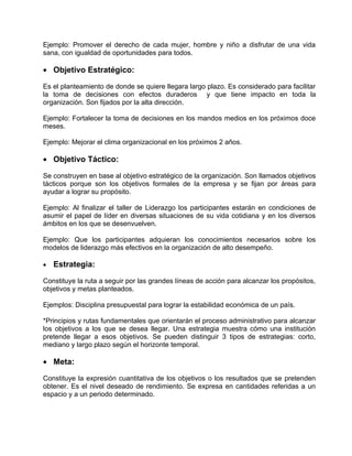 Ejemplo: Promover el derecho de cada mujer, hombre y niño a disfrutar de una vida
sana, con igualdad de oportunidades para todos.

• Objetivo Estratégico:

Es el planteamiento de donde se quiere llegara largo plazo. Es considerado para facilitar
la toma de decisiones con efectos duraderos y que tiene impacto en toda la
organización. Son fijados por la alta dirección.

Ejemplo: Fortalecer la toma de decisiones en los mandos medios en los próximos doce
meses.

Ejemplo: Mejorar el clima organizacional en los próximos 2 años.

• Objetivo Táctico:

Se construyen en base al objetivo estratégico de la organización. Son llamados objetivos
tácticos porque son los objetivos formales de la empresa y se fijan por áreas para
ayudar a lograr su propósito.

Ejemplo: Al finalizar el taller de Liderazgo los participantes estarán en condiciones de
asumir el papel de líder en diversas situaciones de su vida cotidiana y en los diversos
ámbitos en los que se desenvuelven.

Ejemplo: Que los participantes adquieran los conocimientos necesarios sobre los
modelos de liderazgo más efectivos en la organización de alto desempeño.

•   Estrategia:

Constituye la ruta a seguir por las grandes líneas de acción para alcanzar los propósitos,
objetivos y metas planteados.

Ejemplos: Disciplina presupuestal para lograr la estabilidad económica de un país.

*Principios y rutas fundamentales que orientarán el proceso administrativo para alcanzar
los objetivos a los que se desea llegar. Una estrategia muestra cómo una institución
pretende llegar a esos objetivos. Se pueden distinguir 3 tipos de estrategias: corto,
mediano y largo plazo según el horizonte temporal.

• Meta:

Constituye la expresión cuantitativa de los objetivos o los resultados que se pretenden
obtener. Es el nivel deseado de rendimiento. Se expresa en cantidades referidas a un
espacio y a un periodo determinado.
 