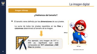 La imagen digital
517 px
640 px
www.fandom.wikia.com
08
Por ejemplo, una imagen de 517 x
640 px, significará que está
compuesta por 517 columnas y 640
filas de píxeles.
¿Hablamos del tamaño?
El tamaño viene definido por las dimensiones de sus píxeles.
La suma de todos los píxeles repartidos en las filas y
columnas determinará el tamaño de la imagen.
Imagen bitmap
 