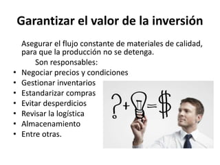 Garantizar el valor de la inversión
Asegurar el flujo constante de materiales de calidad,
para que la producción no se detenga.
Son responsables:
• Negociar precios y condiciones
• Gestionar inventarios
• Estandarizar compras
• Evitar desperdicios
• Revisar la logística
• Almacenamiento
• Entre otras.
 