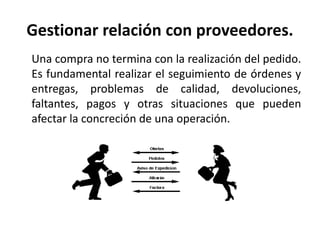 Gestionar relación con proveedores.
Una compra no termina con la realización del pedido.
Es fundamental realizar el seguimiento de órdenes y
entregas, problemas de calidad, devoluciones,
faltantes, pagos y otras situaciones que pueden
afectar la concreción de una operación.
 