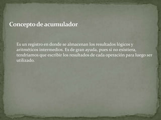 Concepto de acumulador	Es un registro en donde se almacenan los resultados lógicos y aritméticos intermedios. Es de gran ayuda, pues si no existiera, tendríamos que escribir los resultados de cada operación para luego ser utilizado.