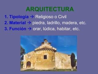 ARQUITECTURA 1. Tipología Religioso o Civil 2. Material piedra, ladrillo, madera, etc. 3. Función orar, lúdica, habitar, etc.