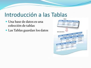Introducción a las Tablas
 Una base de datos es una
colección de tablas
 Las Tablas guardan los datos
 