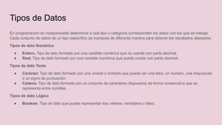 En programación es indispensable determinar a qué tipo o categoría corresponden los datos con los que se trabaja.
Cada conjunto de datos de un tipo específico se manipula de diferente manera para obtener los resultados deseados.
Tipos de dato Numérico
● Entero. Tipo de dato formado por una variable numérica que no cuenta con parte decimal.
● Real. Tipo de dato formado por una variable numérica que puede contar con parte decimal.
Tipos de dato Texto
● Carácter. Tipo de dato formado por una unidad o símbolo que puede ser una letra, un número, una mayúscula
o un signo de puntuación.
● Cadena. Tipo de dato formado por un conjunto de caracteres dispuestos de forma consecutiva que se
representa entre comillas.
Tipos de dato Lógico
● Boolean. Tipo de dato que puede representar dos valores: verdadero o falso.
Tipos de Datos
 