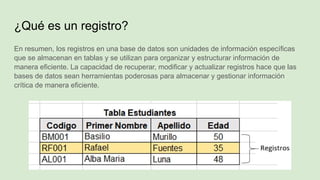 ¿Qué es un registro?
En resumen, los registros en una base de datos son unidades de información específicas
que se almacenan en tablas y se utilizan para organizar y estructurar información de
manera eficiente. La capacidad de recuperar, modificar y actualizar registros hace que las
bases de datos sean herramientas poderosas para almacenar y gestionar información
crítica de manera eficiente.
 