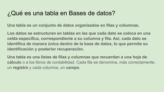 Una tabla es un conjunto de datos organizados en filas y columnas.
Los datos se estructuran en tablas en las que cada dato se coloca en una
celda específica, correspondiente a su columna y fila. Así, cada dato se
identifica de manera única dentro de la base de datos, lo que permite su
identificación y posterior recuperación.
Una tabla es una listas de filas y columnas que recuerdan a una hoja de
cálculo o a los libros de contabilidad. Cada fila se denomina, más correctamente,
un registro y cada columna, un campo.
¿Qué es una tabla en Bases de datos?
 