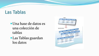 Las Tablas
Una base de datos es
una colección de
tablas
Las Tablas guardan
los datos
 