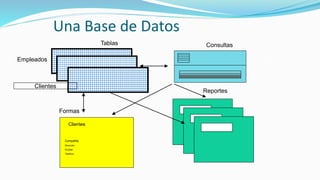 Una Base de Datos
Empleados
Clientes
Tablas Consultas
Clientes
Compañia
Dirección
Ciiudad
Telefono
Formas
Reportes
 