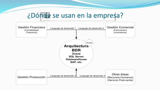 LAS BDR Y LA EMPRESA
Gestión Financiera
(Contabilidad)
(Tesorería)
Gestión Comercial
(Facturación)
(Inventarios)
Gestión Producción
Otras áreas
(Recursos Humanos)
(Servicio Post-venta)
Arquitectura
BDR
Oracle
SQL Server
DatawareHouse
SAP, etc.
Access
Lenguaje de desarrollo 1 Lenguaje de desarrollo 2
Lenguaje de desarrollo 3 Lenguaje de desarrollo 4
¿Dónde se usan en la empresa?
 