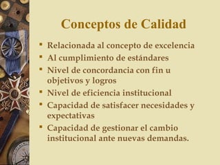 Conceptos de Calidad
 Relacionada al concepto de excelencia
 Al cumplimiento de estándares
 Nivel de concordancia con fin u
objetivos y logros
 Nivel de eficiencia institucional
 Capacidad de satisfacer necesidades y
expectativas
 Capacidad de gestionar el cambio
institucional ante nuevas demandas.
 