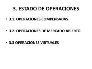 3. ESTADO DE OPERACIONES
• 3.1. OPERACIONES COMPENSADAS
• 3.2. OPERACIONES DE MERCADO ABIERTO.
• 3.3 OPERACIONES VIRTUALES
 