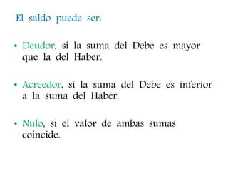 El saldo puede ser:
• Deudor, si la suma del Debe es mayor
que la del Haber.
• Acreedor, si la suma del Debe es inferior
a la suma del Haber.
• Nulo, si el valor de ambas sumas
coincide.
 