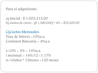 Para el adquiriente:
a) Inicial : $ 1,005,215.00
b) Gastos de cierre : ($ 1,380,000) * 4% = $55,200.00
C)Cuotas Mensuales:
Tasa de Interes =10%a.a.
Comision Bancaria = 4%a.a
i=10% + 4% = 14%a.a.
i mensual = 14%/12 =1.17%
n=10años * 12meses =120 meses
 