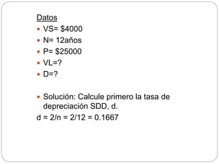 Datos
 VS= $4000
 N= 12años
 P= $25000
 VL=?
 D=?
 Solución: Calcule primero la tasa de
depreciación SDD, d.
d = 2/n = 2/12 = 0.1667
 