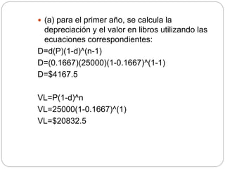 (a) para el primer año, se calcula la
depreciación y el valor en libros utilizando las
ecuaciones correspondientes:
D=d(P)(1-d)^(n-1)
D=(0.1667)(25000)(1-0.1667)^(1-1)
D=$4167.5
VL=P(1-d)^n
VL=25000(1-0.1667)^(1)
VL=$20832.5
 