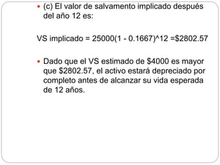  (c) El valor de salvamento implicado después
del año 12 es:
VS implicado = 25000(1 - 0.1667)^12 =$2802.57
 Dado que el VS estimado de $4000 es mayor
que $2802.57, el activo estará depreciado por
completo antes de alcanzar su vida esperada
de 12 años.
 
