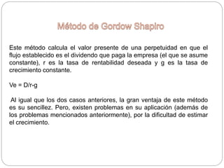 Este método calcula el valor presente de una perpetuidad en que el
flujo establecido es el dividendo que paga la empresa (el que se asume
constante), r es la tasa de rentabilidad deseada y g es la tasa de
crecimiento constante.
Ve = D/r-g
Al igual que los dos casos anteriores, la gran ventaja de este método
es su sencillez. Pero, existen problemas en su aplicación (además de
los problemas mencionados anteriormente), por la dificultad de estimar
el crecimiento.
 