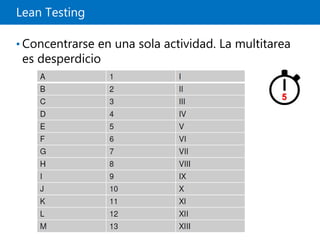 Lean Testing
• Concentrarse en una sola actividad. La multitarea
es desperdicio
5
 