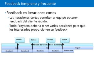 Feedback temprano y frecuente
• Feedback en iteraciones cortas
• Las iteraciones cortas permiten al equipo obtener
feedback del cliente rápido.
• Todo Proyecto debería tener varias ocasiones para que
los interesados proporcionen su feedback
 