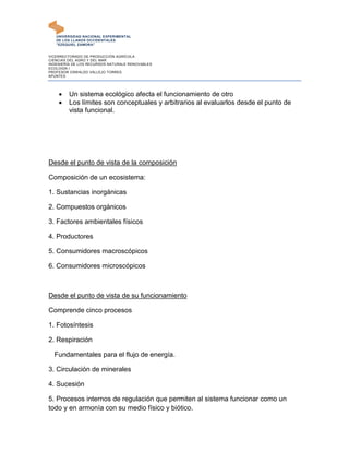 UNIVERSIDAD NACIONAL EXPERIMENTAL
   DE LOS LLANOS OCCIDENTALES
   "EZEQUIEL ZAMORA"


VICERRECTORADO DE PRODUCCIÓN AGRÍCOLA
CIENCIAS DEL AGRO Y DEL MAR
INGENIERÍA DE LOS RECURSOS NATURALE RENOVABLES
ECOLOGÍA I
PROFESOR OSWALDO VALLEJO TORRES
APUNTES




        Un sistema ecológico afecta el funcionamiento de otro
        Los límites son conceptuales y arbitrarios al evaluarlos desde el punto de
         vista funcional.




Desde el punto de vista de la composición

Composición de un ecosistema:

1. Sustancias inorgánicas

2. Compuestos orgánicos

3. Factores ambientales físicos

4. Productores

5. Consumidores macroscópicos

6. Consumidores microscópicos



Desde el punto de vista de su funcionamiento

Comprende cinco procesos

1. Fotosíntesis

2. Respiración

  Fundamentales para el flujo de energía.

3. Circulación de minerales

4. Sucesión

5. Procesos internos de regulación que permiten al sistema funcionar como un
todo y en armonía con su medio físico y biótico.
 