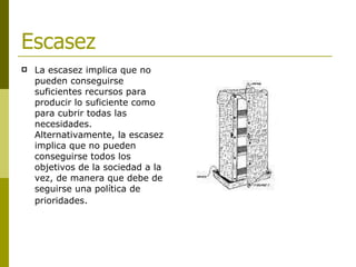 Escasez  La escasez implica que no pueden conseguirse suficientes recursos para producir lo suficiente como para cubrir todas las necesidades. Alternativamente, la escasez implica que no pueden conseguirse todos los objetivos de la sociedad a la vez, de manera que debe de seguirse una política de prioridades.   