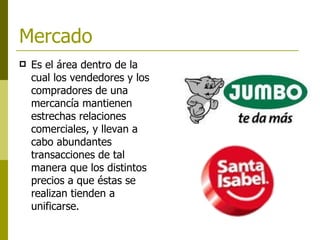 Mercado   Es el área dentro de la cual los vendedores y los compradores de una mercancía mantienen estrechas relaciones comerciales, y llevan a cabo abundantes transacciones de tal manera que los distintos precios a que éstas se realizan tienden a unificarse. 
