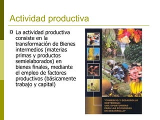 Actividad productiva   La actividad productiva consiste en la transformación de Bienes intermedios (materias primas y productos semielaborados) en bienes finales, mediante el empleo de factores productivos (básicamente trabajo y capital) 
