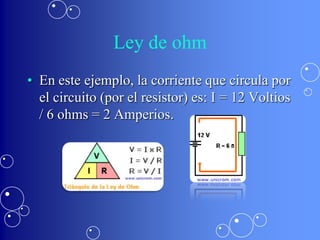 Ley de ohm
• En este ejemplo, la corriente que circula por
  el circuito (por el resistor) es: I = 12 Voltios
  / 6 ohms = 2 Amperios.
 