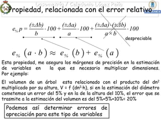 Dasometría / Celedonio López Peña
   Propiedad, relacionada con el error relativo

            (±Δb)         (±Δa)         (±Δa) ⋅ (±Δb)
     e% p =       ⋅ 100 +       ⋅ 100 +               ⋅ 100
              b             a              a× b
                                                          despreciable


    e % ( a ⋅ b ) ≈ e % (b ) + e % ( a )
Esta propiedad, me asegura los márgenes de precisión en la estimación
de variables en      la que es necesario multiplicar dimensiones.
Por ejemplo:
El volumen de un árbol esta relacionado con el producto del dn2
multiplicado por su altura, V = f (dn2·h), si en la estimación del diámetro
cometemos un error del 5% y en la de la altura del 10%, el error que se
trasmite a la estimación del volumen es del 5%+5%+10%= 20%
  Podemos así determinar errores de
  apreciación para este tipo de variables
 
