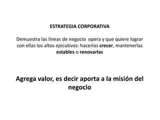 ESTRATEGIA CORPORATIVA
Demuestra las líneas de negocio opera y que quiere lograr
con ellas los altos ejecutivos: hacerlas crecer, mantenerlas
estables o renovarlas
Agrega valor, es decir aporta a la misión del
negocio
 