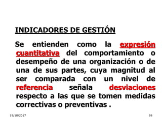 19/10/2017 69
INDICADORES DE GESTIÓN
Se entienden como la expresión
cuantitativa del comportamiento o
desempeño de una organización o de
una de sus partes, cuya magnitud al
ser comparada con un nivel de
referencia señala desviaciones
respecto a las que se tomen medidas
correctivas o preventivas .
 
