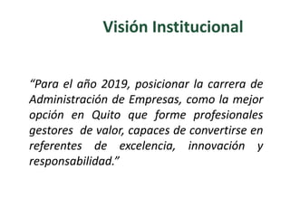 “Para el año 2019, posicionar la carrera de
Administración de Empresas, como la mejor
opción en Quito que forme profesionales
gestores de valor, capaces de convertirse en
referentes de excelencia, innovación y
responsabilidad.”
Visión Institucional
 