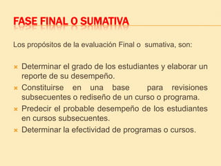 FASE FINAL O SUMATIVA

Los propósitos de la evaluación Final o sumativa, son:

   Determinar el grado de los estudiantes y elaborar un
    reporte de su desempeño.
   Constituirse en una base           para revisiones
    subsecuentes o rediseño de un curso o programa.
   Predecir el probable desempeño de los estudiantes
    en cursos subsecuentes.
   Determinar la efectividad de programas o cursos.
 