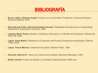 BIBLIOGRAFÍA
   Brown, Sally y Glasner Angela. Evaluar en la Universidad, Problemas y Nuevos Enfoques.
    Ediciones Narcea. 2003


   Díaz, Barriga Frida y Hernández Rojas Gerardo. Estrategias Docentes para un Aprendizaje
    Significativo. Editorial Mc Graw-Hill. 1999.

   Lepeley, María Teresa. Gestión y Calidad en Educación, Un Modelo de Evaluación. Editorial Mc
    Graw-Hill. 2003.

   López, Calva Martín. Planeación y Evaluación del Proceso Enseñanza-Aprendizaje. Editorial
    Trillas. 2005.

   López, Torres Marcos. Evaluación Educativa. Editorial Trillas. 1999.


   Sarasola, Marcos R.. Hacia una Cultura de la Calidad. Ediciones Mensajero. 2003

   Senlle, Andrés. Evaluar la Gestión y la Calidad. Editorial Gestión 2000.com
 