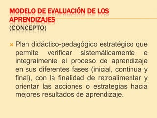 MODELO DE EVALUACIÓN DE LOS
APRENDIZAJES
(CONCEPTO)

   Plan didáctico-pedagógico estratégico que
    permite verificar sistemáticamente e
    integralmente el proceso de aprendizaje
    en sus diferentes fases (inicial, continua y
    final), con la finalidad de retroalimentar y
    orientar las acciones o estrategias hacia
    mejores resultados de aprendizaje.
 