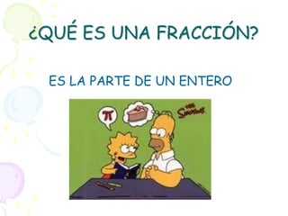 ¿QUÉ ES UNA FRACCIÓN?

 ES LA PARTE DE UN ENTERO
 