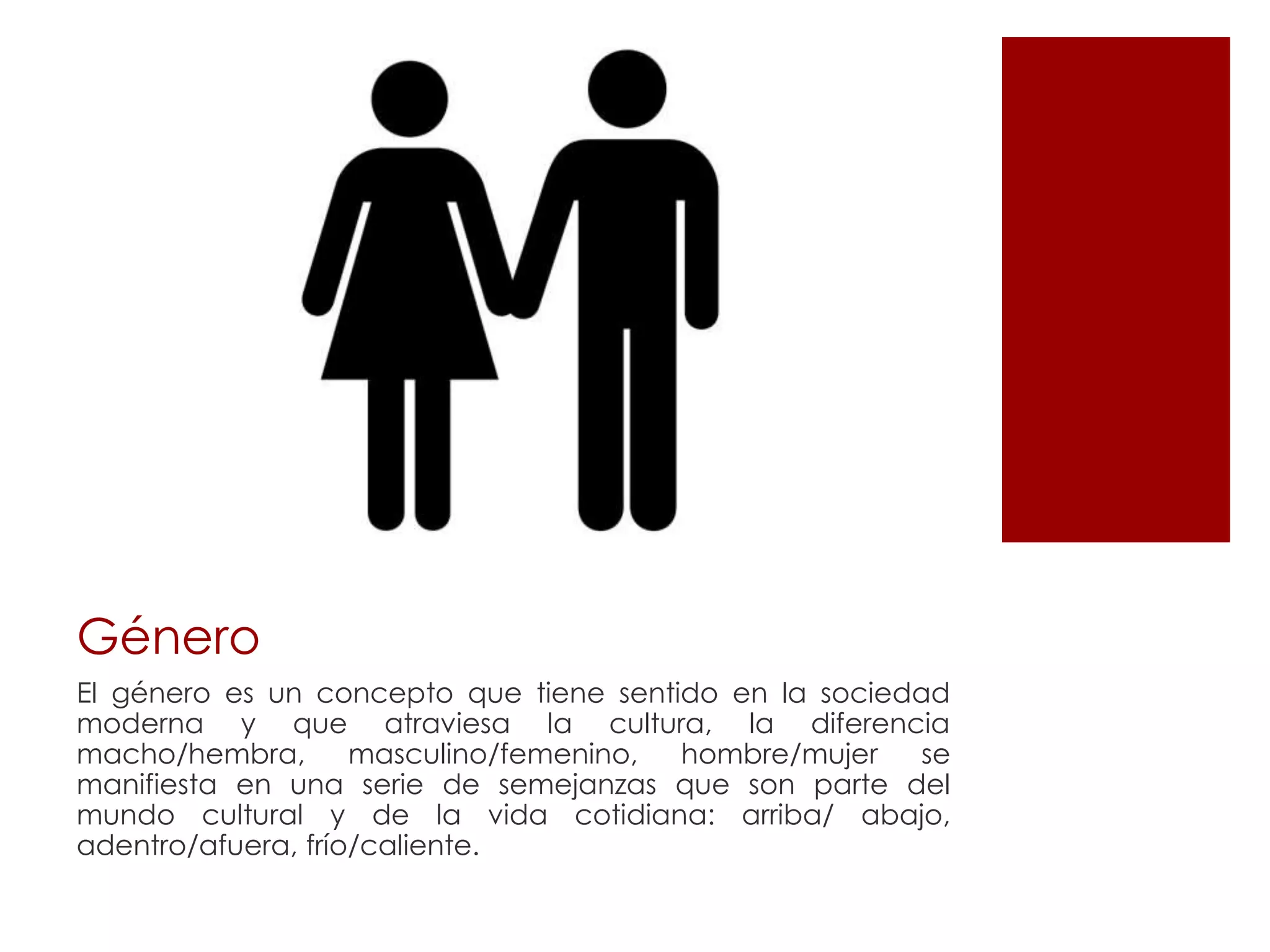 Género
El género es un concepto que tiene sentido en la sociedad
moderna y que atraviesa la cultura, la diferencia
macho/hembra,       masculino/femenino, hombre/mujer   se
manifiesta en una serie de semejanzas que son parte del
mundo cultural y de la vida cotidiana: arriba/ abajo,
adentro/afuera, frío/caliente.
 