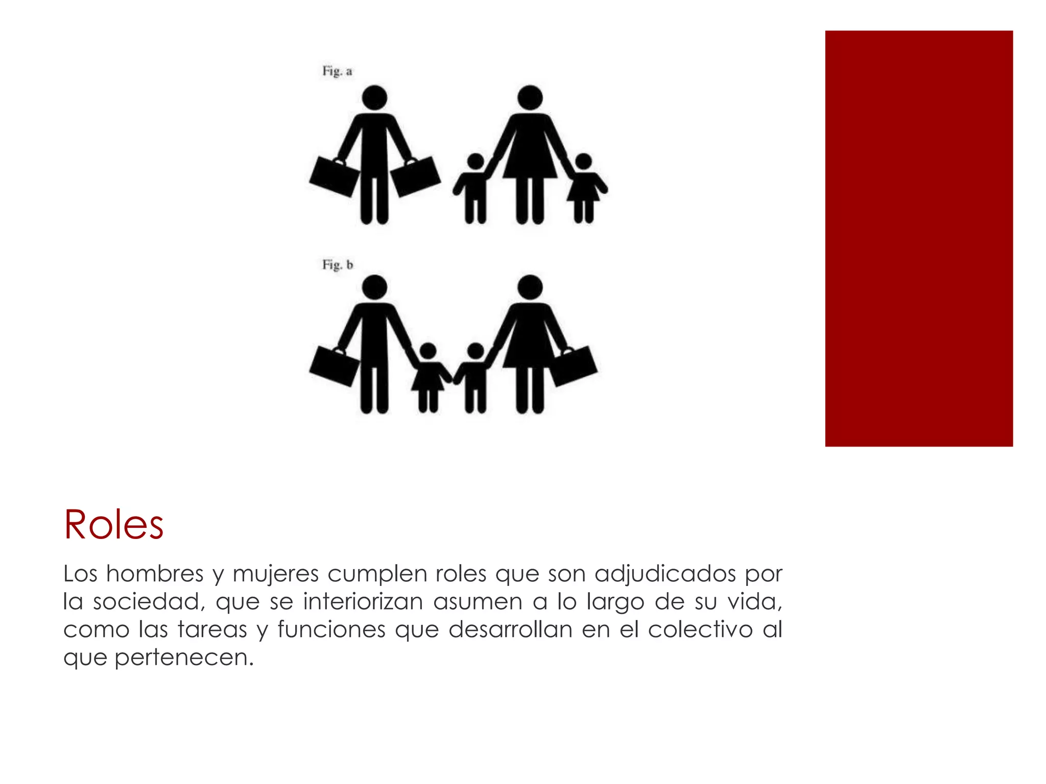 Roles
Los hombres y mujeres cumplen roles que son adjudicados por
la sociedad, que se interiorizan asumen a lo largo de su vida,
como las tareas y funciones que desarrollan en el colectivo al
que pertenecen.
 