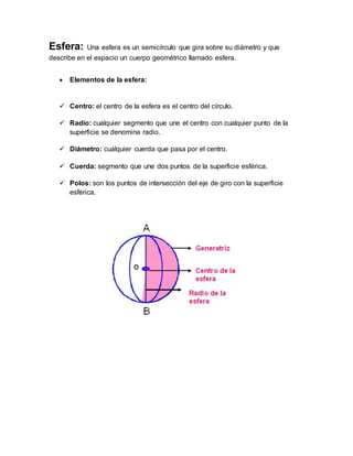 Esfera: Una esfera es un semicírculo que gira sobre su diámetro y que
describe en el espacio un cuerpo geométrico llamado esfera.
 Elementos de la esfera:
 Centro: el centro de la esfera es el centro del círculo.
 Radio: cualquier segmento que une el centro con cualquier punto de la
superficie se denomina radio.
 Diámetro: cualquier cuerda que pasa por el centro.
 Cuerda: segmento que une dos puntos de la superficie esférica.
 Polos: son los puntos de intersección del eje de giro con la superficie
esférica.
 