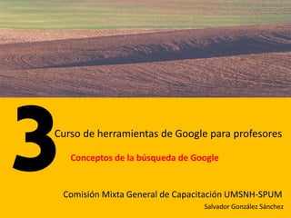 Curso de herramientas de Google para profesores

   Conceptos de la búsqueda de Google


 Comisión Mixta General de Capacitación UMSNH-SPUM
                                 Salvador González Sánchez
 