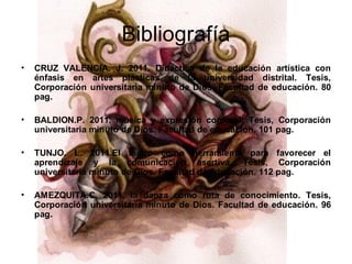 Bibliografía
•   CRUZ VALENCIA. J. 2011. Didáctica de la educación artística con
    énfasis en artes plásticas de la universidad distrital. Tesis,
    Corporación universitaria minuto de Dios. Facultad de educación. 80
    pag.

•   BALDION.P. 2011. música y expresión corporal. Tesis, Corporación
    universitaria minuto de Dios. Facultad de educación. 101 pag.

•   TUNJO. L. 2011.El teatro como herramienta para favorecer el
    aprendizaje y la comunicación asertiva. Tesis, Corporación
    universitaria minuto de Dios. Facultad de educación. 112 pag.

•   AMEZQUITA.C. 2011. la danza como ruta de conocimiento. Tesis,
    Corporación universitaria minuto de Dios. Facultad de educación. 96
    pag.
 