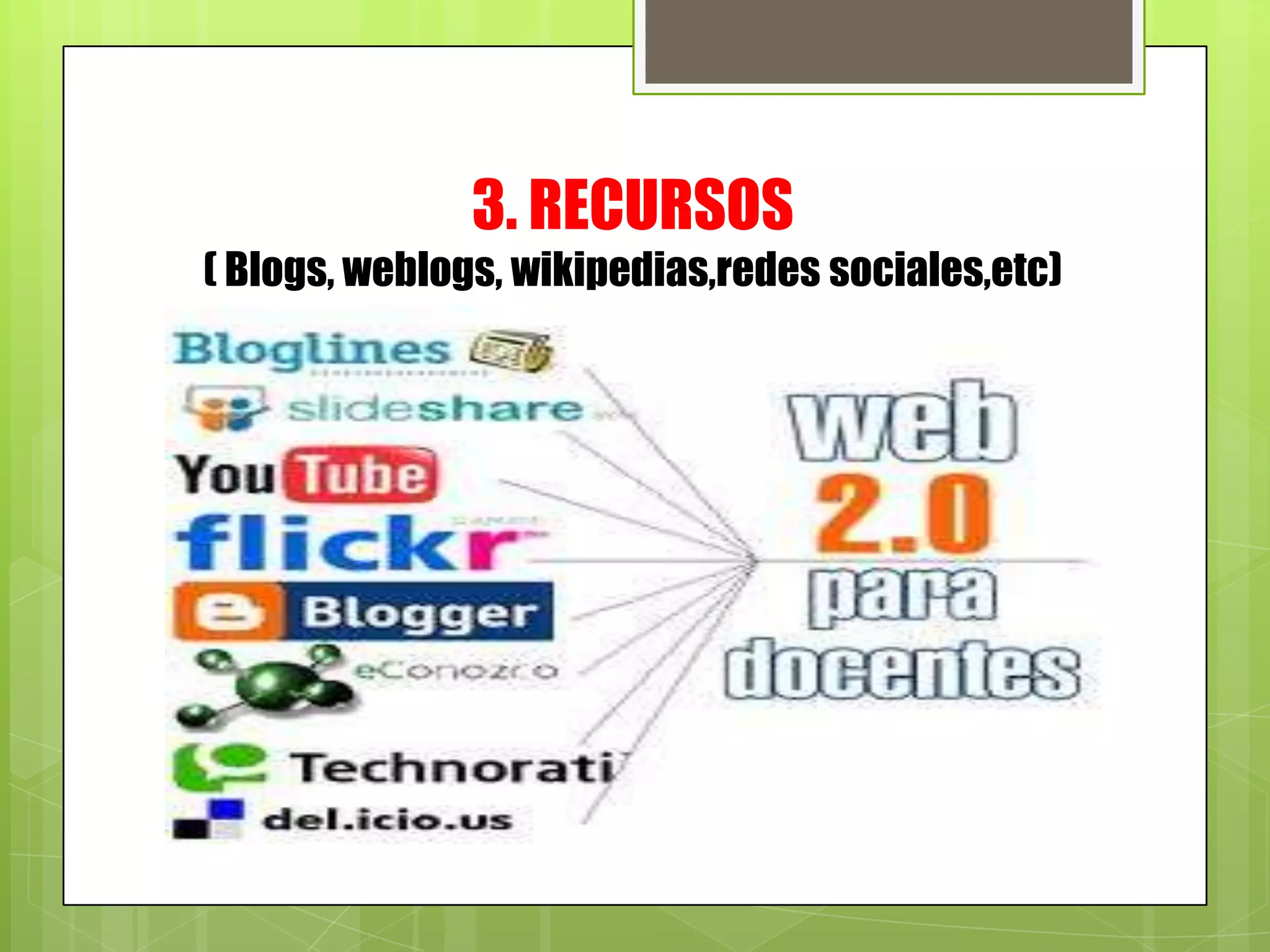 3. RECURSOS
( Blogs, weblogs, wikipedias,redes sociales,etc)