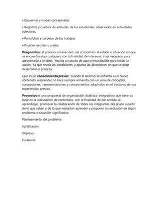 • Esquemas y mapas conceptuales;
• Registros y cuadros de actitudes de los estudiantes observados en actividades
colectivas;
• Portafolios y carpetas de los trabajos.
• Pruebas escritas u orales.
Diagnóstico: el proceso a través del cual conocemos el estado o situación en que
se encuentra algo o alguien, con la finalidad de intervenir, si es necesario para
aproximarlo a lo ideal. “resulta un punto de apoyo insustituible para iniciar la
acción. Ya que revela las condiciones y apunta las direcciones en que se debe
desarrollar el proceso.
Que es un conocimiento previo: “cuando el alumno se enfrenta a un nuevo
contenido a aprender, lo hace siempre armando con un serie de conceptos,
concepciones, representaciones y conocimientos adquiridos en el trascurso de sus
experiencias previas.
Proyectos es una propuesta de organización didáctica integradora que tiene su
base en la articulación de contenidos, con la finalidad de dar sentido al
aprendizaje, promover la colaboración de todos los integrantes del grupo a partir
de lo que saben y de lo que necesitan aprender y proponer la resolución de algún
problema o situación significativa.
Planteamiento del problema
Justificación
Objetivo
Problema
 