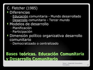 C. Fletcher (1985)
⚫ Diferencias
◦ Educación comunitaria - Mundo desarrollado
◦ Desarrollo comunitario - Tercer mundo
⚫ Modelos de desarrollo
◦ Planificación
◦ Participación
⚫ Dimensión político organizativa desarrollo
comunitario
◦ Democratizado o centralizado
Bases te
eó
ór
ri
ic
ca
as
s.
. E
Ed
du
uc
ca
ac
ci
ió
ón
n C
Co
om
mu
un
ni
itaria
y Desa
ar
rr
ro
ol
ll
lo
o C
Co
om
mu
un
ni
it
ta
ar
ri
io
o
Tema 1. Desarrollo Comunitario.
Conceptos. 12
 