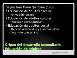 Según José María Quintana (1988)
⚫ Educación de adultos escolar
◦ Formación reglada
⚫ Educación de adultos cultural
◦ Formación extracurricular
⚫ Educación de adultos social
◦ Atención al individuo y a la comunidad
◦ Desarrollo comunitario
Origen d
de
el
l d
de
es
sa
ar
rr
ro
ol
ll
lo
o c
co
om
mu
un
ni
it
ta
ar
ri
io
o.
Educac
ci
ió
ón
n d
de
e a
ad
du
ul
lt
to
os
s
Tema 1. Desarrollo Comunitario.
Conceptos. 8
 
