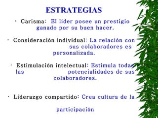 Carisma :  El líder posee un prestigio ganado por su buen hacer. Consideración individual : La relación con    sus colaboradores es personalizada.  Estimulación intelectual : Estimula todas las    potencialidades de sus colaboradores. Liderazgo compartido : Crea cultura de la    participación ESTRATEGIAS 
