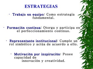 Trabajo en equipo : Como estrategia fundamental. Formación continua : Otorga y participa en el perfeccionamiento continuo. Representante institucional : Cumple un rol simbólico y actúa de acuerdo a ello. Motivación por inspiración : Posee capacidad de    innovación y creatividad. ESTRATEGIAS 
