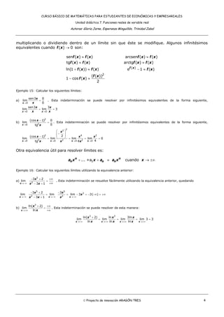 CURSO BÁSICO DE MATEMÁTICAS PARA ESTUDIANTES DE ECONÓMICAS Y EMPRESARIALES
Unidad didáctica 7. Funciones reales de variable real
Autoras: Gloria Jarne, Esperanza Minguillón, Trinidad Zabal
© Proyecto de innovación ARAGÓN TRES 4
multiplicando o dividiendo dentro de un límite sin que éste se modifique. Algunos infinitésimos
equivalentes cuando ( ) 0f x → son:
( )
2
sen ( ) ( ) arcsen ( ) ( )
tg ( ) ( ) arctg ( ) ( )
ln(1 ( )) ( ) e 1 ( )
( ( ))
1 cos ( )
2
f x
f x f x f x f x
f x f x f x f x
f x f x f x
f x
f x
≈ ≈
≈ ≈
+ ≈ − ≈
− ≈
Ejemplo 15: Calcular los siguientes límites:
a)
0
sen3 0
lim
0x
x
x→
= . Esta indeterminación se puede resolver por infinitésimos equivalentes de la forma siguiente,
0 0
sen3 3
lim lim 3
x x
x x
x x→ →
= =
b)
2
20
(cos 1) 0
lim
0tgx
x
x→
−
= . Esta indeterminación se puede resolver por infinitésimos equivalentes de la forma siguiente,
2
2
2 4 2
2 2 20 0 0 0
2(cos 1)
lim lim lim lim 0
4tg 4x x x x
x
x x x
x x x→ → → →
⎛ ⎞
−⎜ ⎟⎜ ⎟− ⎝ ⎠= = = =
Otra equivalencia útil para resolver límites es:
1... +a cuandon n
n o na x x a a x x+ + ≈ → ±∞
Ejemplo 16: Calcular los siguientes límites utilizando la equivalencia anterior:
a)
5
2
3 2
lim
3 1x
x
x x→−∞
− + +∞
=
+∞− +
. Esta indeterminación se resuelve fácilmente utilizando la equivalencia anterior, quedando
5 5
3
2 2
3 2 3
lim lim lim 3 3( )
3 1x x x
x x
x
x x x→−∞ →−∞ →−∞
− + −
= = − = − −∞ = +∞
− +
b)
3
ln( 2)
lim
lnx
x
x→+∞
+ +∞
=
+∞
. Esta indeterminación se puede resolver de esta manera:
3 3
ln( 2) ln 3ln
lim lim lim lim 3 3
ln ln lnx x x x
x x x
x x x→+∞ →+∞ →+∞ →+∞
+
= = = =
 